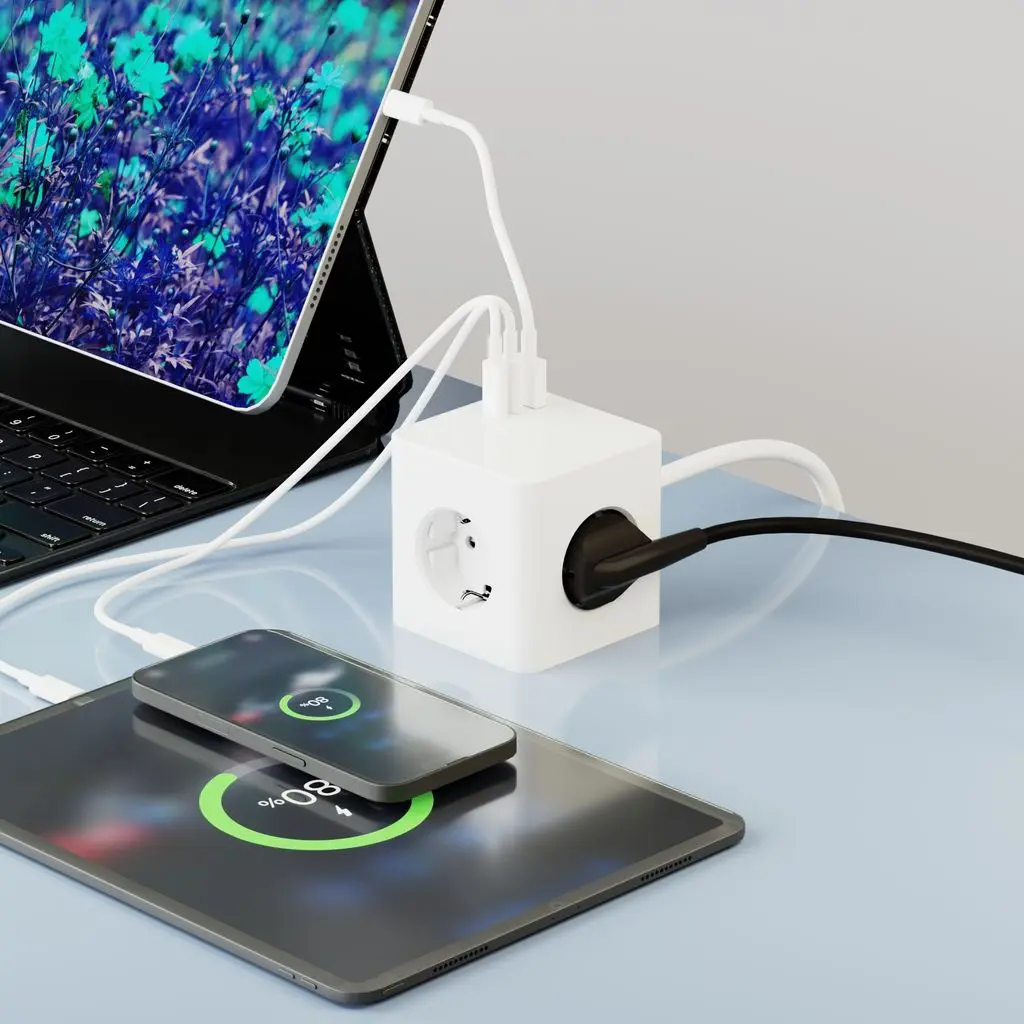 Grenuttag kub med 3 portar + USB-A + 2 x USB-C 1,5m 20W Vit