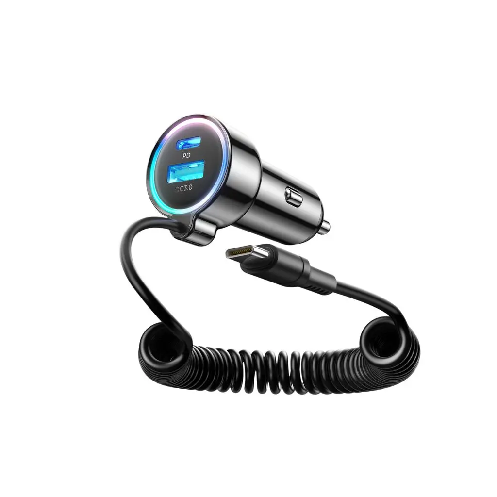 Billaddare USB-C + USB-A med inbyggd USB-C kabel 90W Svart