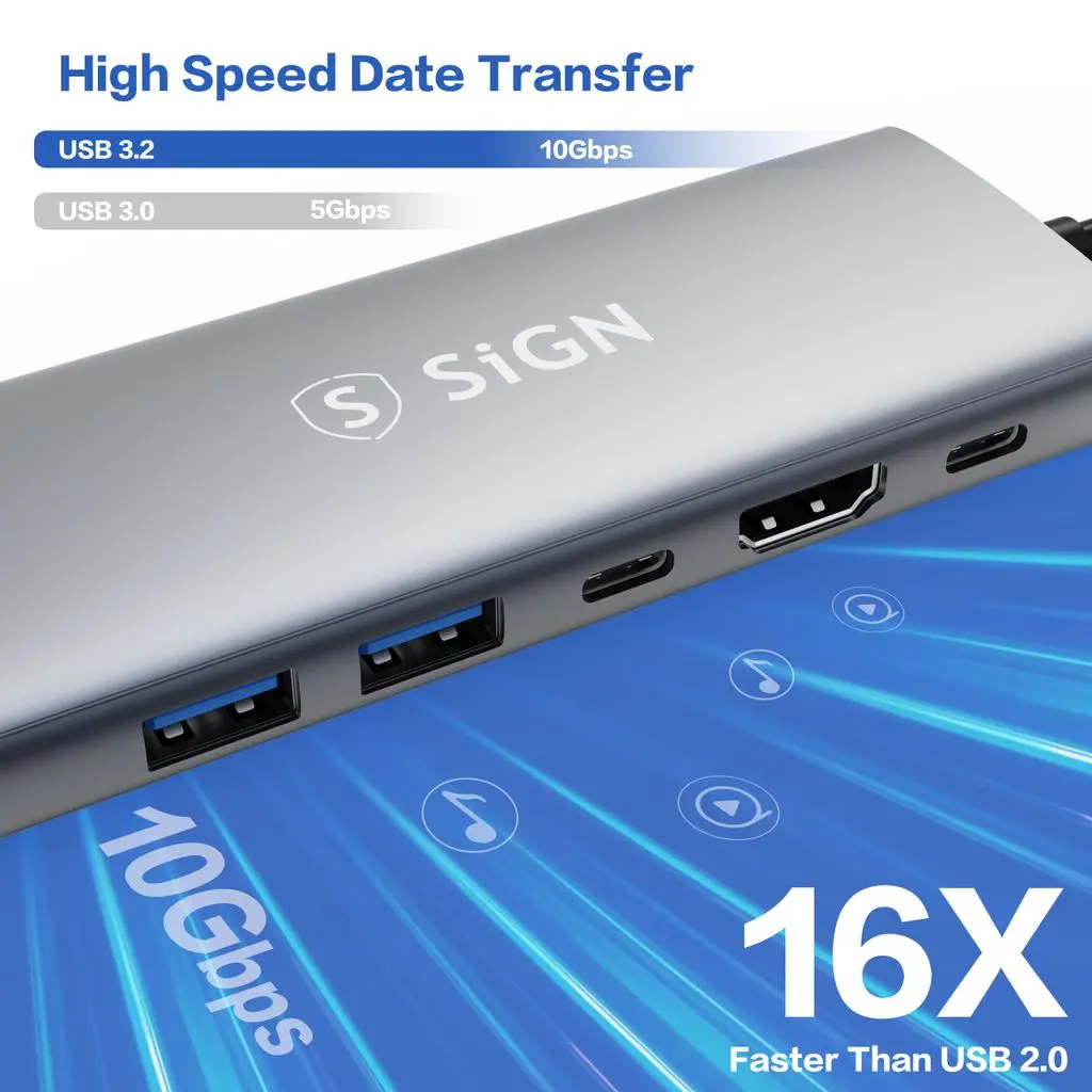 6-i-1 Hubb USB-C till 2x USB-A + Ethernet + HDMI + USB-C + PD Grå