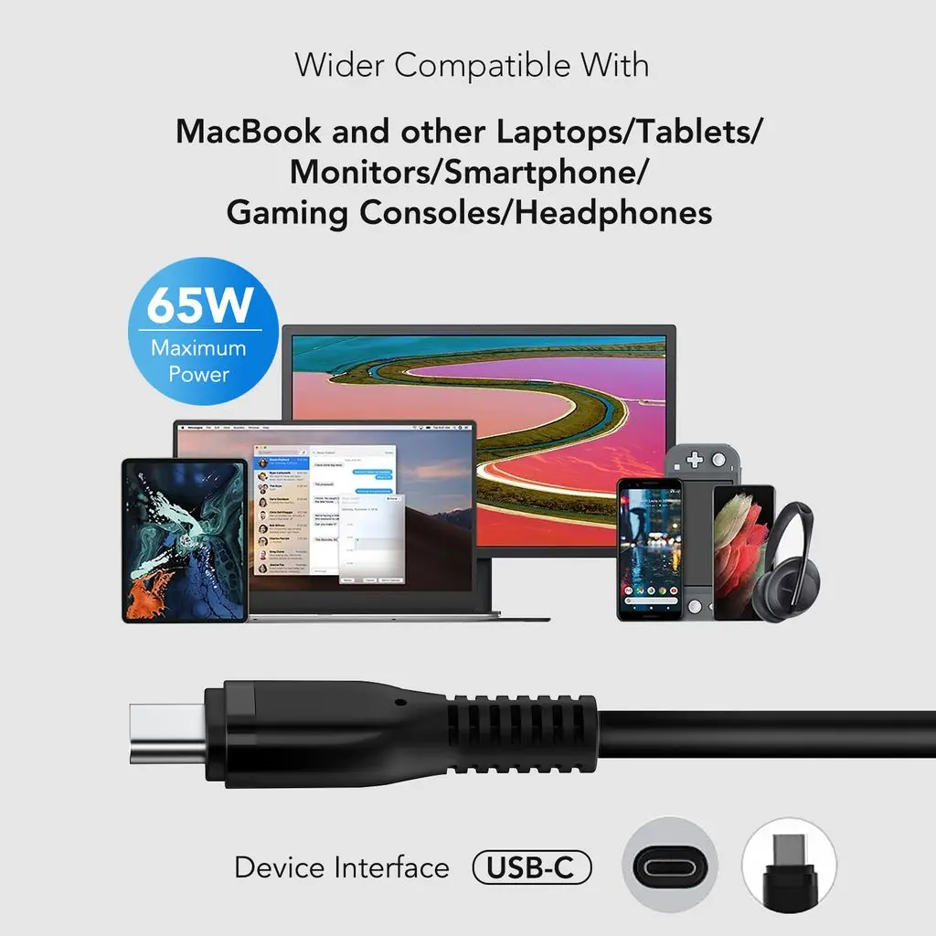Laddare/AC-adapter USB-C 65W PD för MacBook & PC 2.7m Svart
