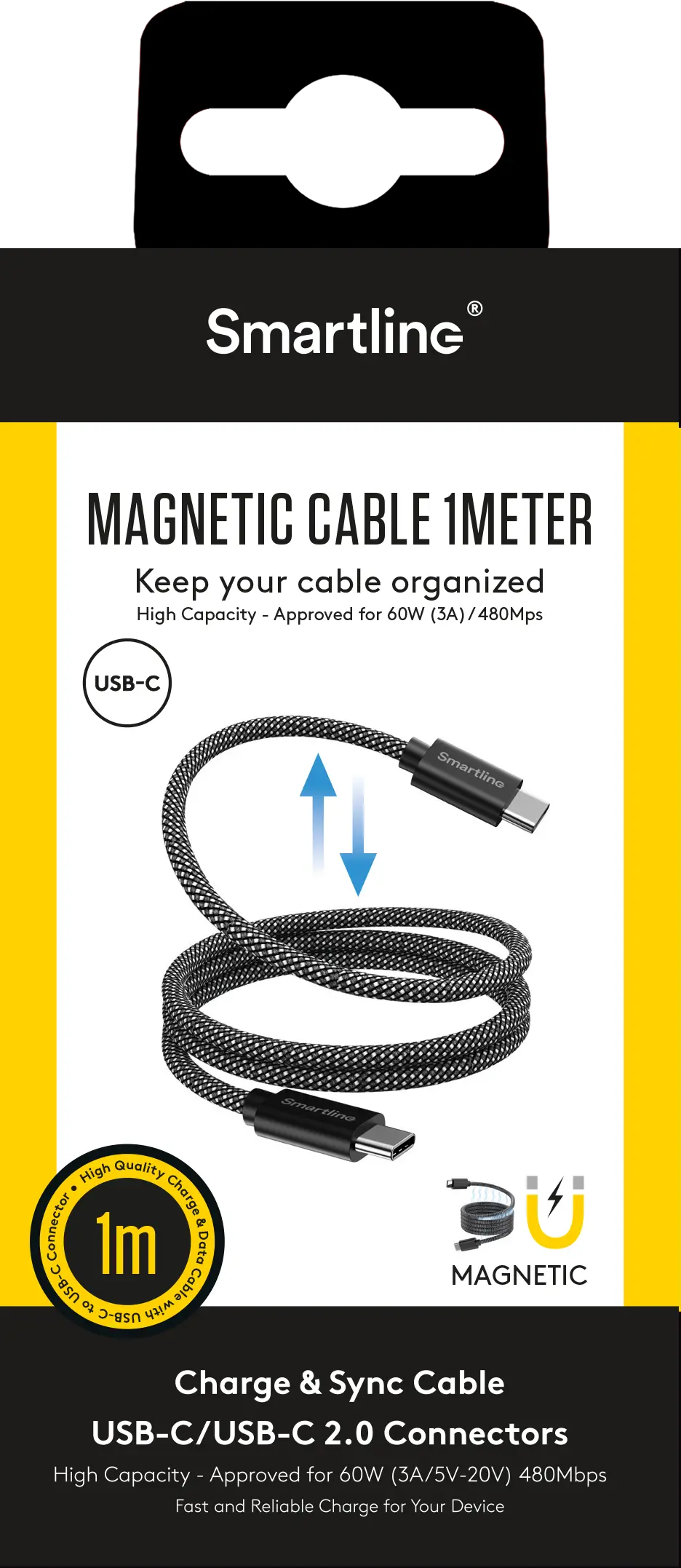 Magnetisk USB-C -> USB-C Kabel 1m svart