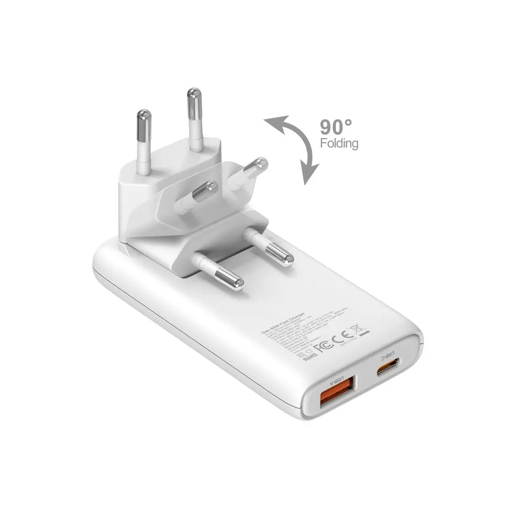 GaN Ultra Slim Vikbar Väggladdare USB-C + USB-A 65W Vit