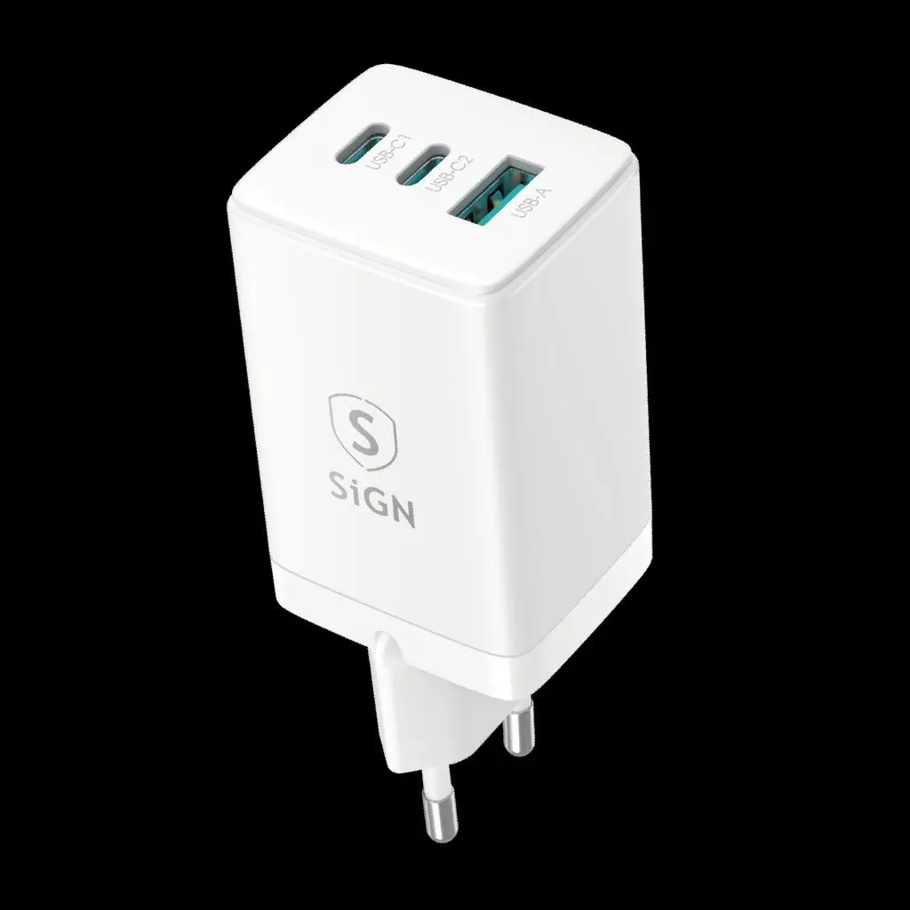 GaN Snabbladdare 2x USB-C & 1x USB-A 65W Vit