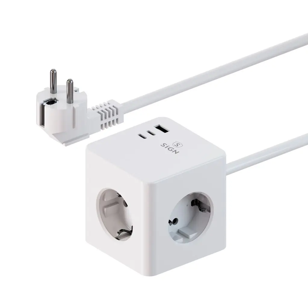 Grenuttag kub med 3 portar + USB-A + 2 x USB-C 1,5m 20W Vit
