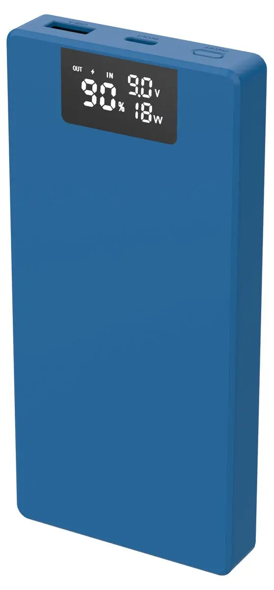 Powerbank USB-A + USB-C med display 10000 mAh PD 20W Blå