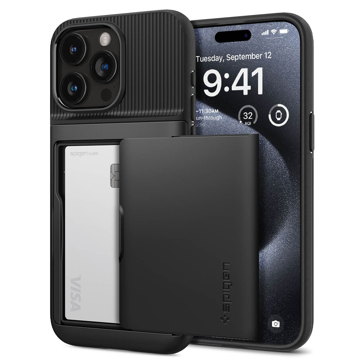 Spigen iPhone 15 Pro Case Slim Armor CS Black - Puhelimen kuoret - Paikat korteille