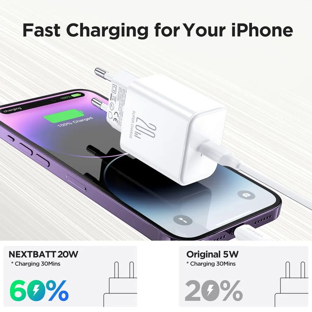20W snabbladdare PD + 60W USB-C-kabel 1m Vit