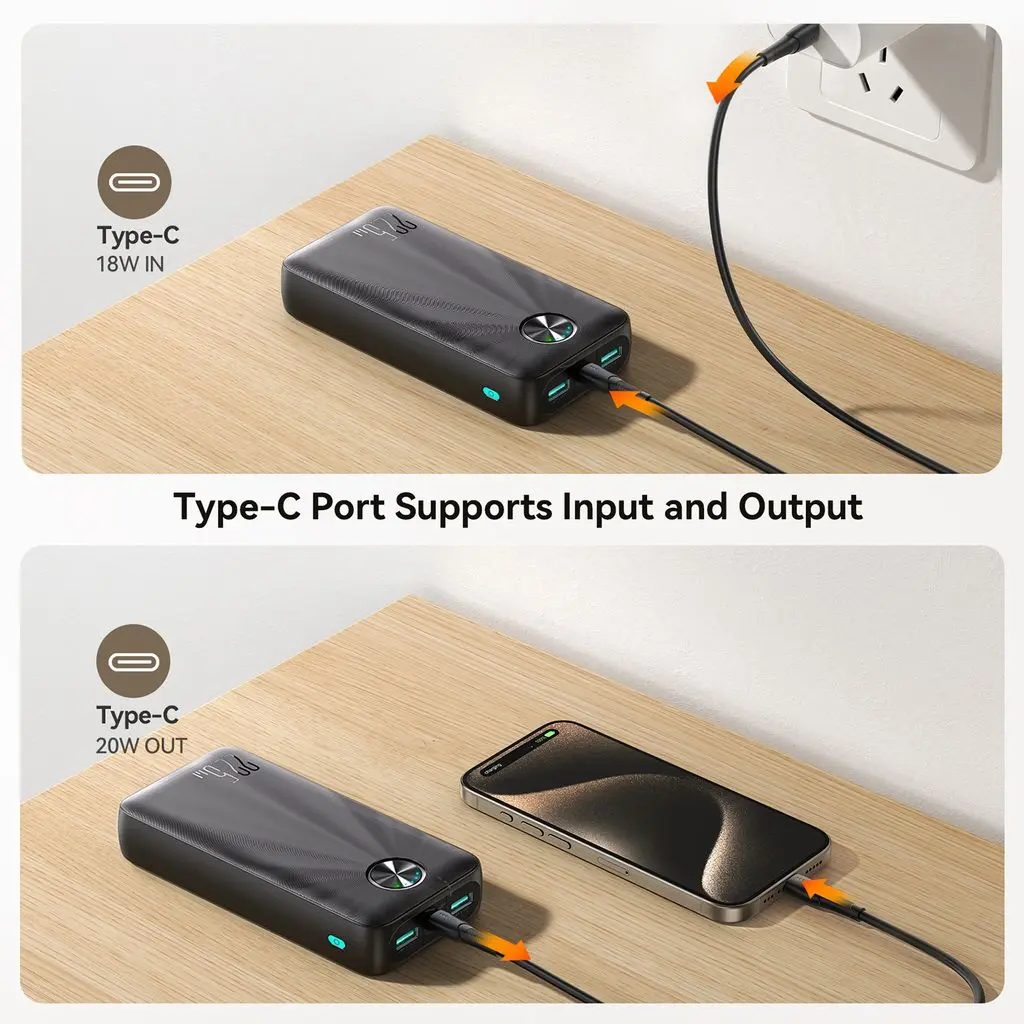 Powerbank 20000 mAh 22.5W LED - Trippel utgång Svart