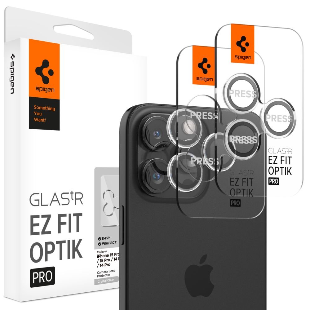 Spigen iPhone 15 Pro Max EZ Fit Optik Pro Lens Protector (2-pack) Crystal Clear - Herdet glass linsebeskytter med monteringsramme - Enkel installasjon