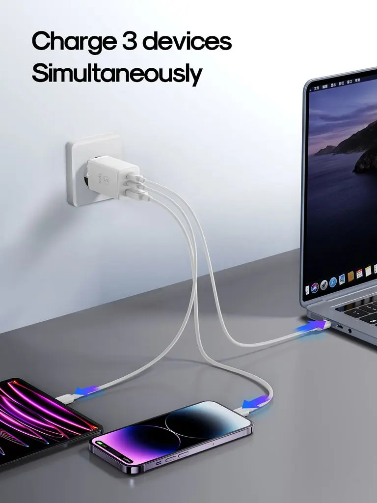 GaN Snabbladdare 2x USB-C & 1x USB-A 65W Vit