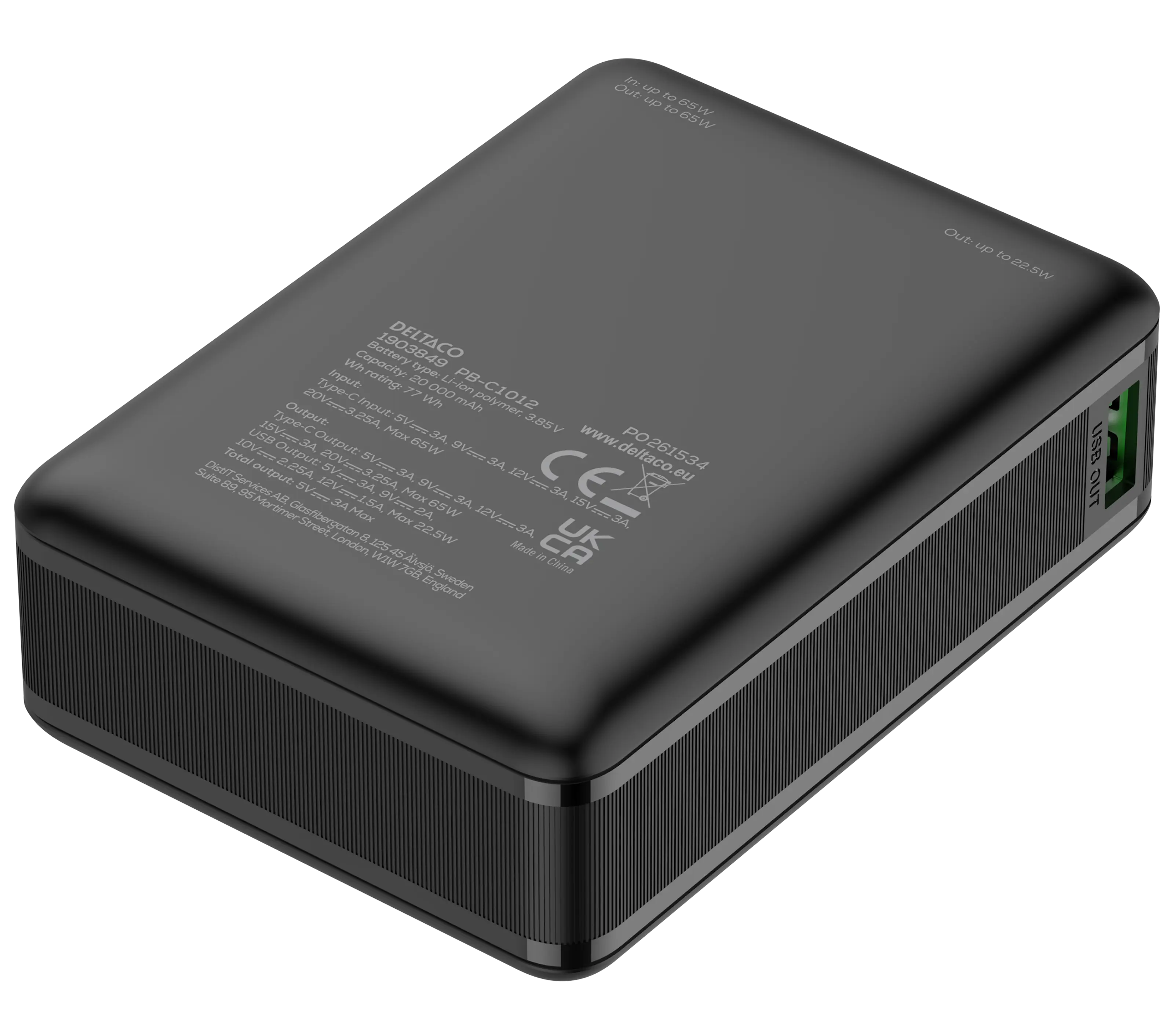Powerbank 65W USB-C + USB-A 20000 mAh PD Svart