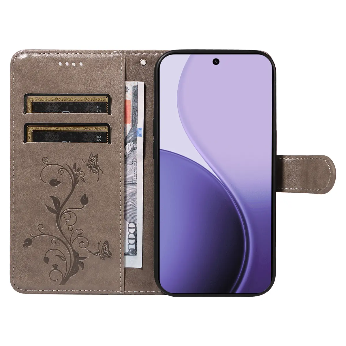Läderfodral Fjärilar Oppo Reno 14 Grå
