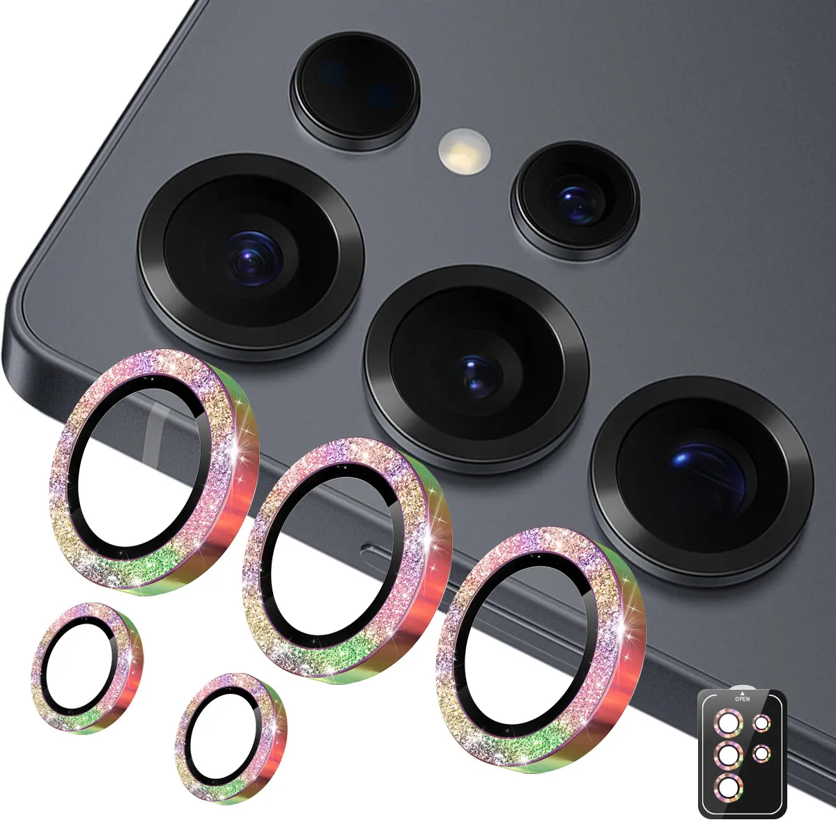 Glitter Linsebeskytter Aluminium Samsung Galaxy S26 Ultra Regnbue