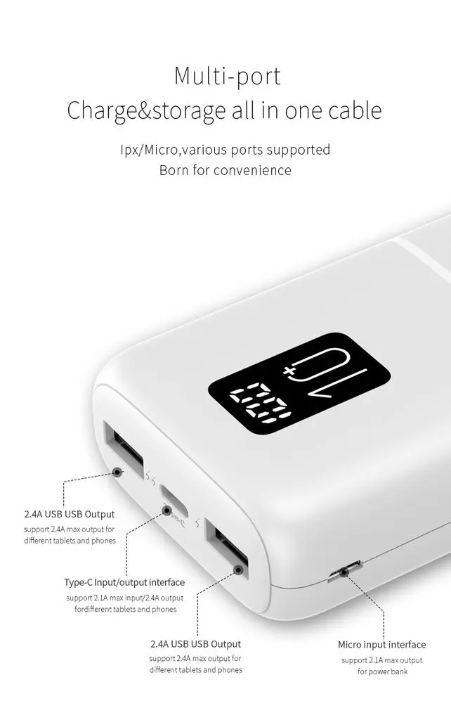 Mini Powerbank QC med Display 10000mAh, Trippel Utgång Vit