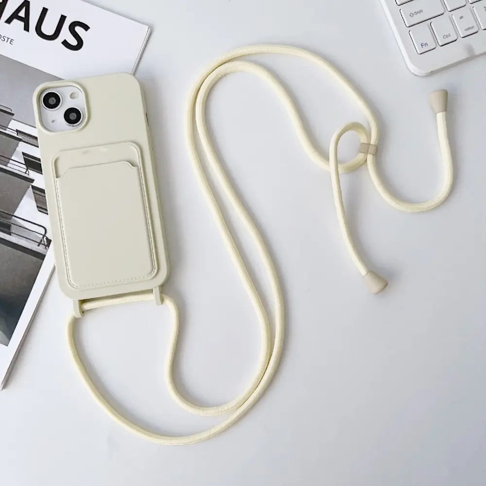 Silikonskal Kortfack + Halsband iPhone 14 beige