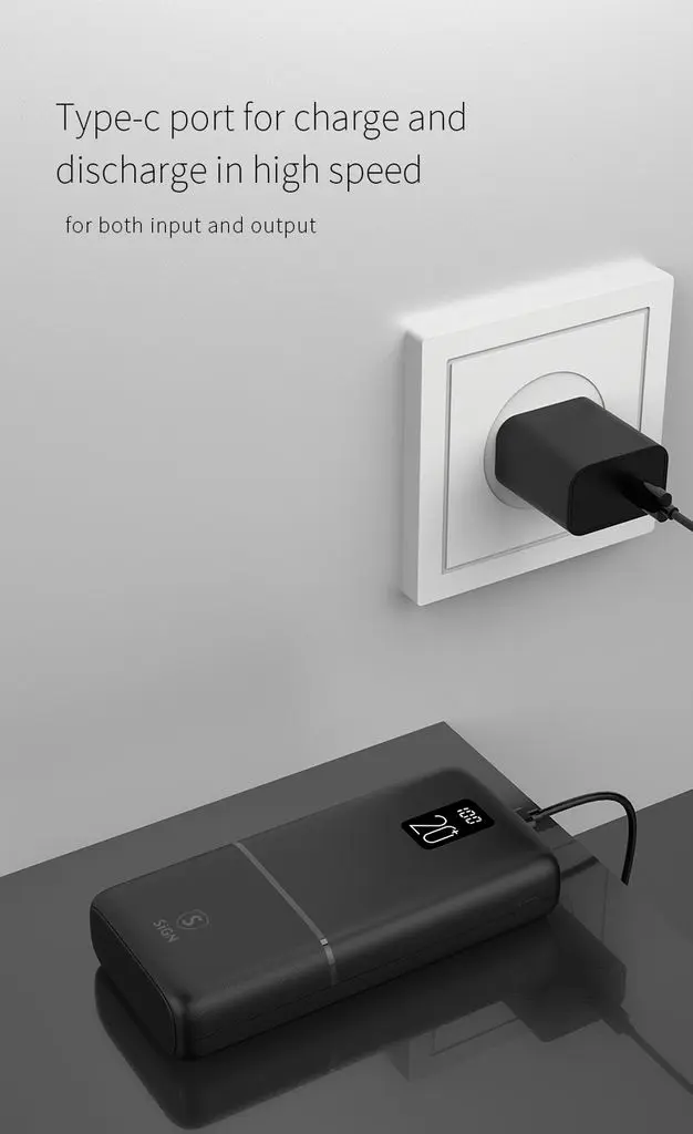 QC Powerbank 20000 mAh 2.1A - Trippel utgång Svart