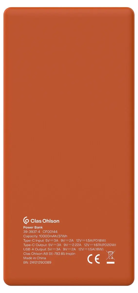 Powerbank USB-A + USB-C med Display 10000 mAh PD 20W Orange