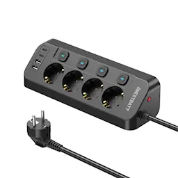 Stikdåse 4-vejs med 2x USB-C + 2x USB-A 1.8m, Sort