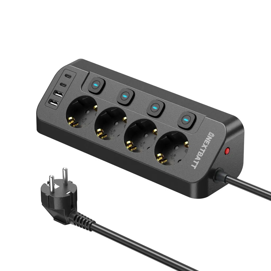 4-vejs stikdåse med 2x USB-C + 2x USB-A 1.8m Sort