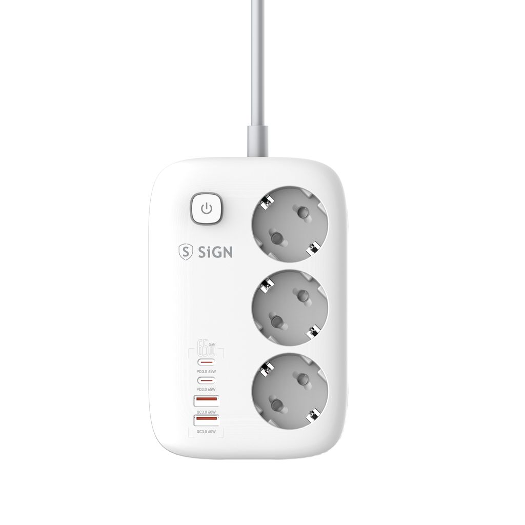 GaN Grenuttag med 3 portar och 2x USB-C + 2 x USB-A 2m 65W
