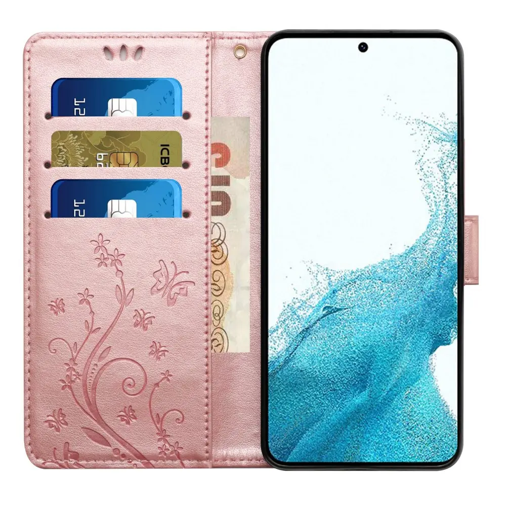 Läderfodral Fjärilar Samsung Galaxy S23 Rosa guld