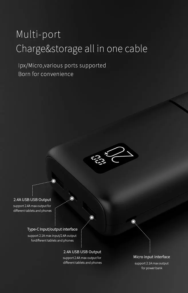 QC Powerbank 20000 mAh 2.1A - Trippel utgång Svart