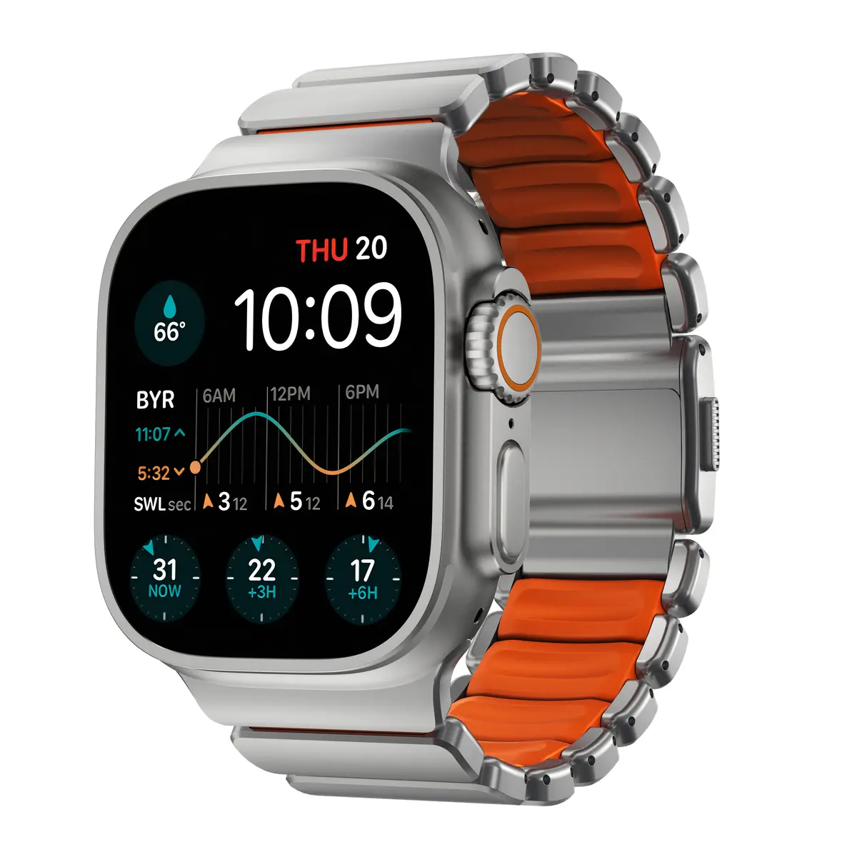 Apple Watch Ultra 49mm 2nd Gen Armbånd Stratos, Natural Titanium - Ultra Orange