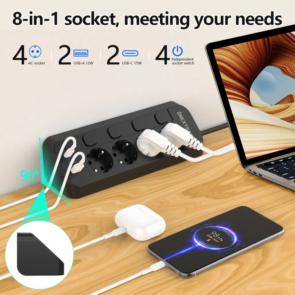 4-vägs Grenuttag med 2x USB-C + 2x USB-A 1.8m Svart