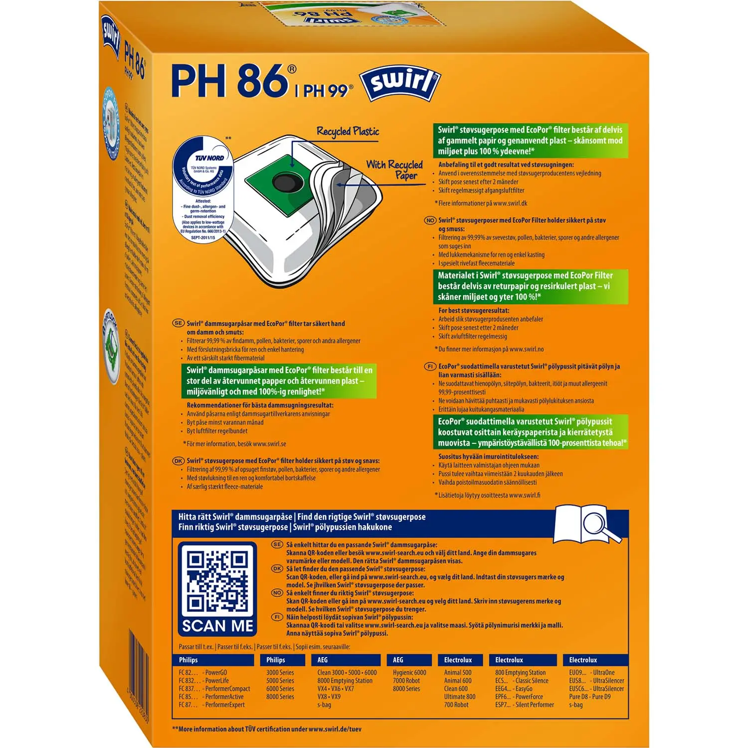 4-pack Dammsugarpåsar PH86/PH99 Philips, AEG, Electrolux