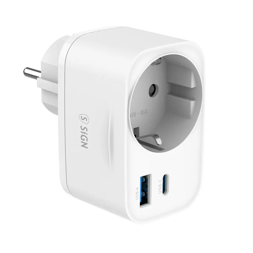 Väggadapter med eluttag + USB-C + USC-A 20W Vit