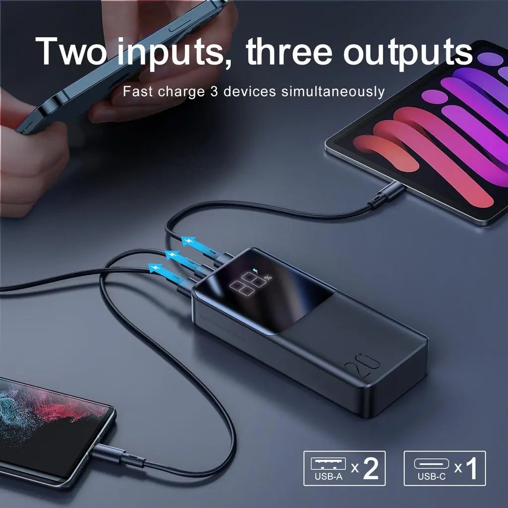 Supersnabb LED Powerbank 20000 mAh 22.5W - Trippel utgång Svart