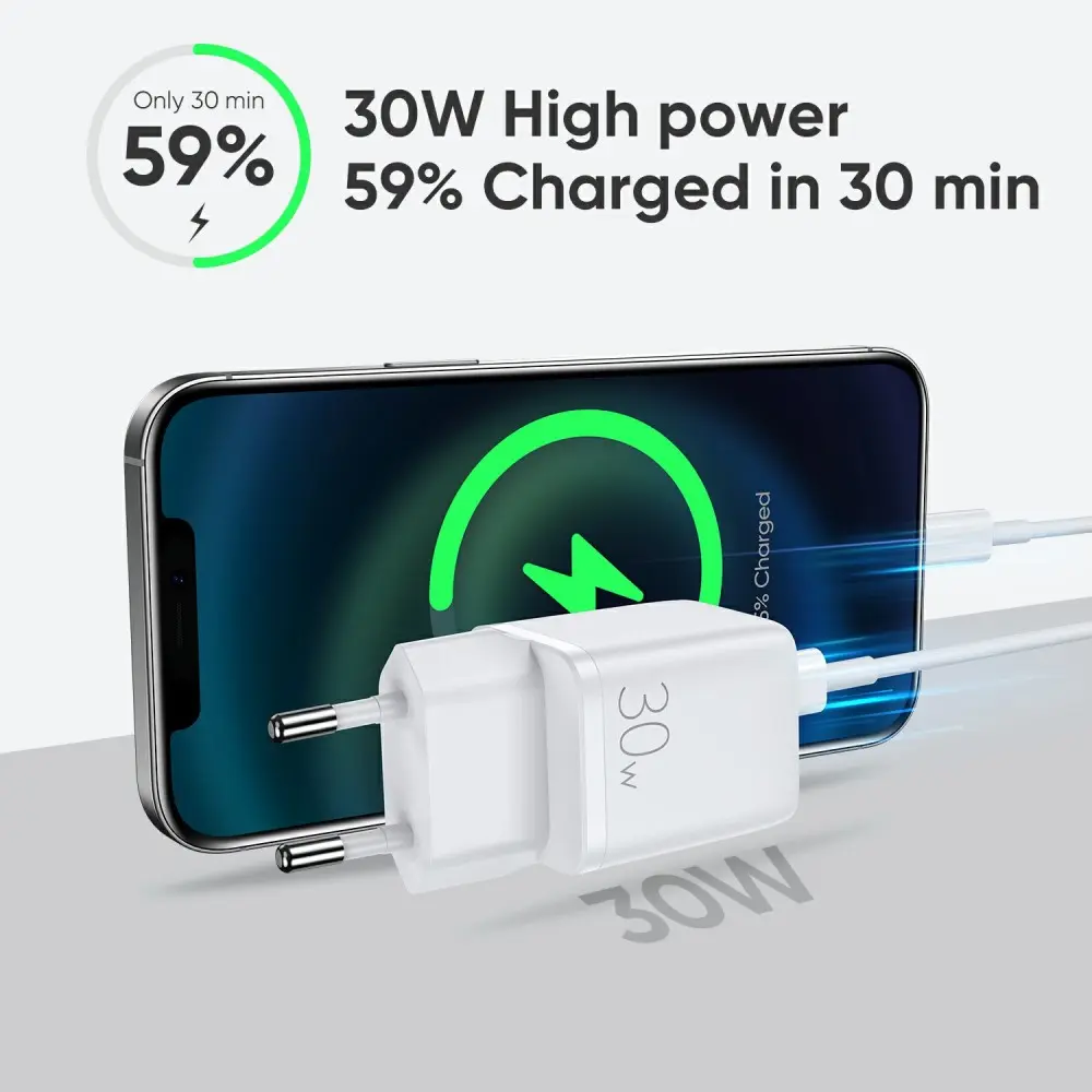 Mini Snabbladdare USB-C & USB-A, PD & QC 3.0 30W Vit