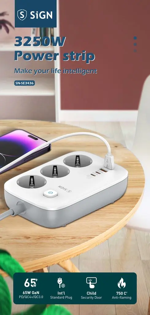 3-vägs Grenuttag GaN 65W med 2 x USB-C + 2 x USB-A 2m Vit