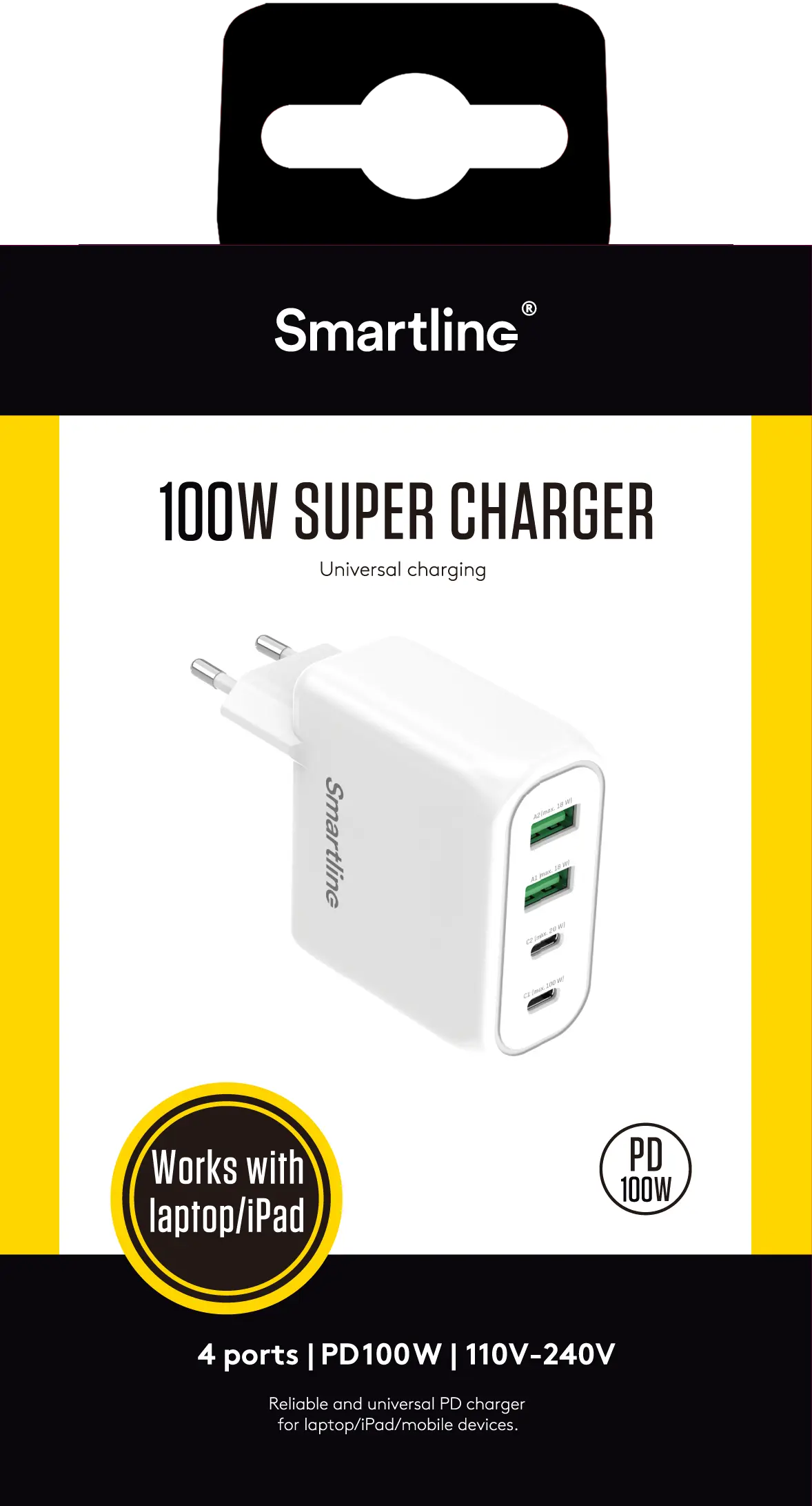 Väggladdare PD 100W 4 Port USB-C + USB-A vit