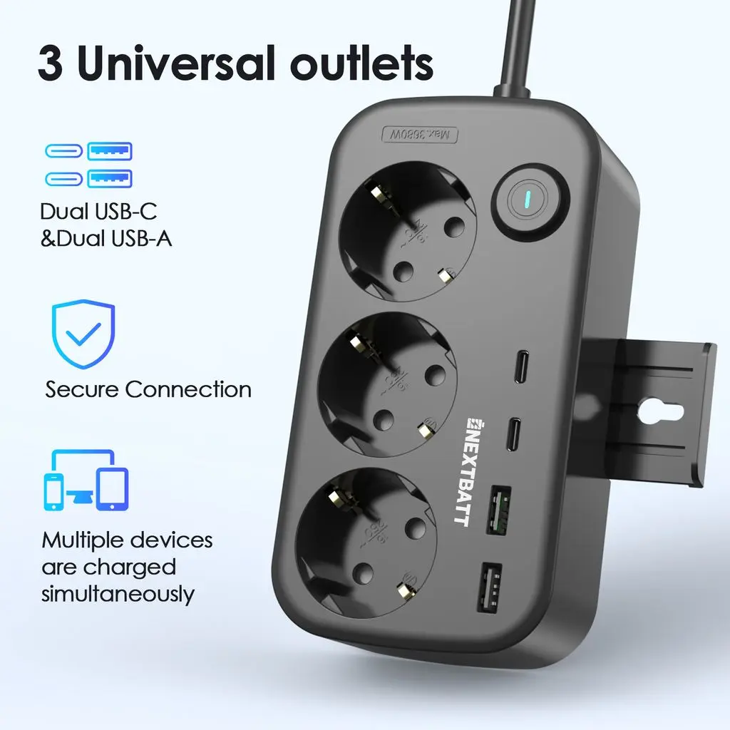 Jordat Grenuttag med strömbrytare 3-vägs + 2x USB-C + 2x USB-A 230V 1.5m, Svart