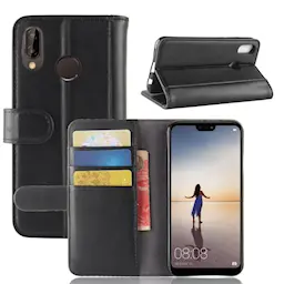 Huawei P20 Lite lompakkokotelo aidosta nahasta, Musta