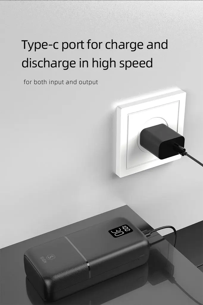Powerbank 30000 mAh Trippel Utgång 2x USB-A + 1x USB-C Svart