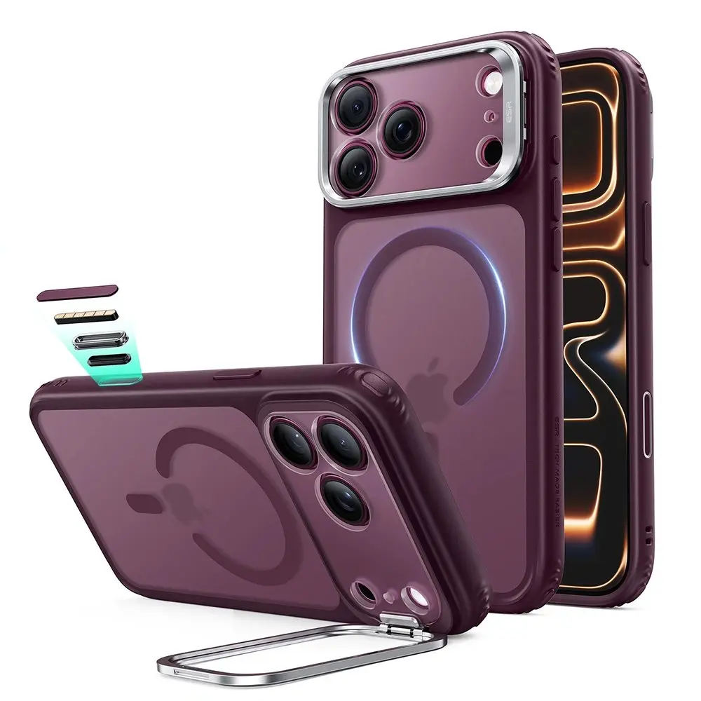 iPhone 18 Pro Classic Hybrid-suojakuori MagSafe-tuella ja kickstandilla, Frosted Deep Burgundy