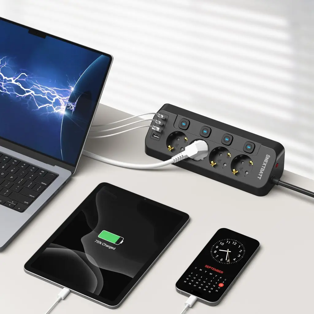 4-vägs Grenuttag med 2x USB-C + 2x USB-A 1.8m Svart
