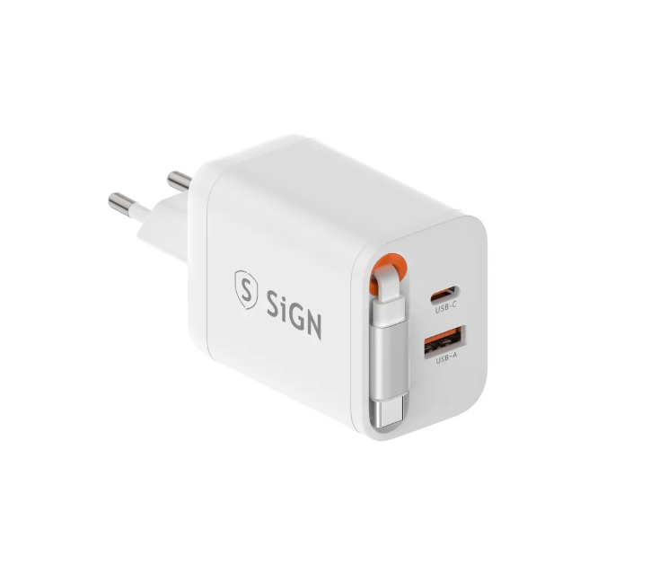 Snabbladdare GaN 40W USB-C & USB-A med utdragbar USB-C-kabel