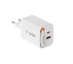 GaN Hurtigoplader USB-C & USB-A 40W med udtrækkeligt USB-C-kabel Hvid