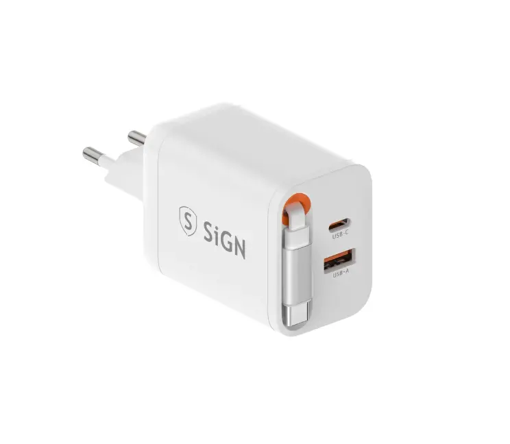 GaN Hurtigoplader USB-C & USB-A 40W med udtrækkeligt USB-C-kabel Hvid