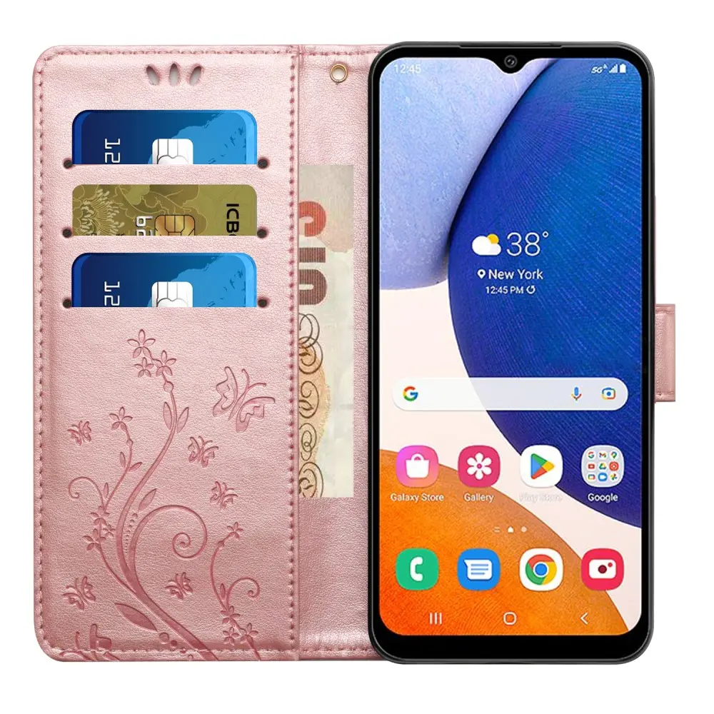 Läderfodral Fjärilar Samsung Galaxy A15 Rosa guld