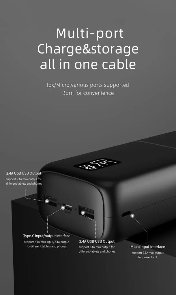 Powerbank 30000 mAh Trippel Utgång 2x USB-A + 1x USB-C Svart