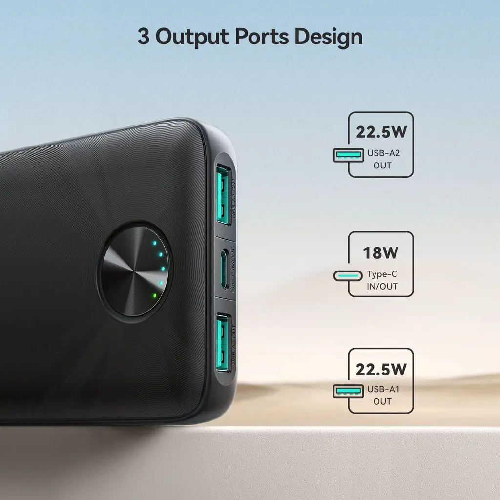 Powerbank 10000 mAh 22.5W LED - Trippel utgång Svart