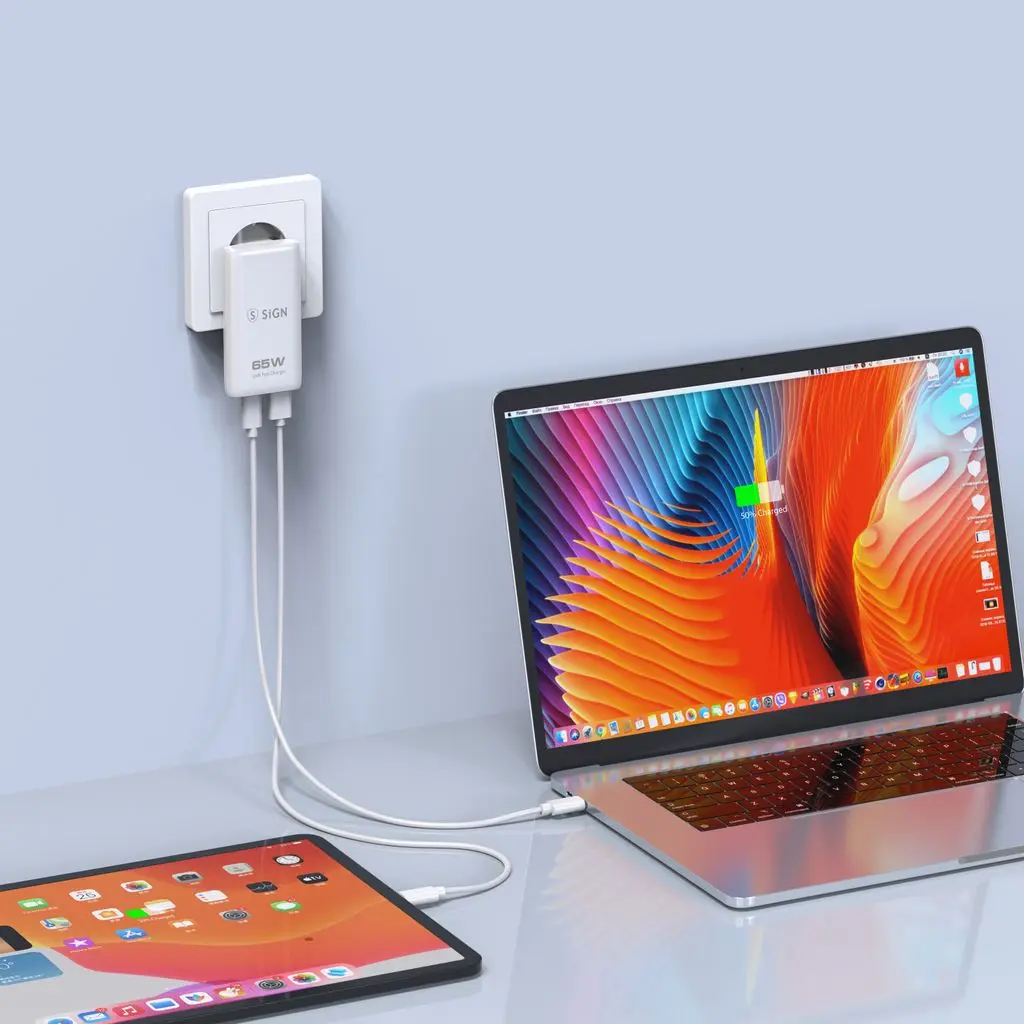 GaN Ultra Slim Vikbar Väggladdare USB-C + USB-A 65W Vit