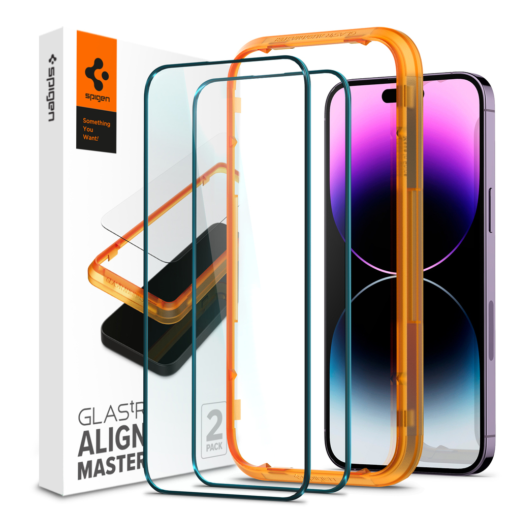 Spigen iPhone 14 Pro Max AlignMaster GLAS.tR Black (2-pack) - Herdet glass skjermbeskytter med monteringsramme - Enkel installasjon