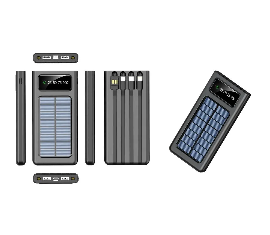 Solcell Powerbank med inbyggda kablar 20000mAh Svart