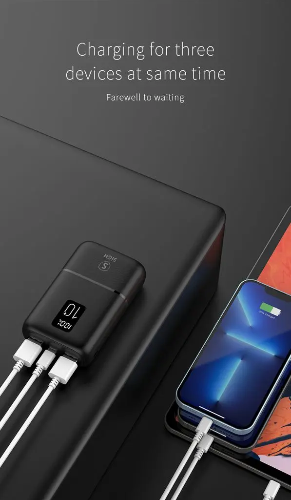 Mini Powerbank QC med Display 10000mAh, Trippel Utgång Svart