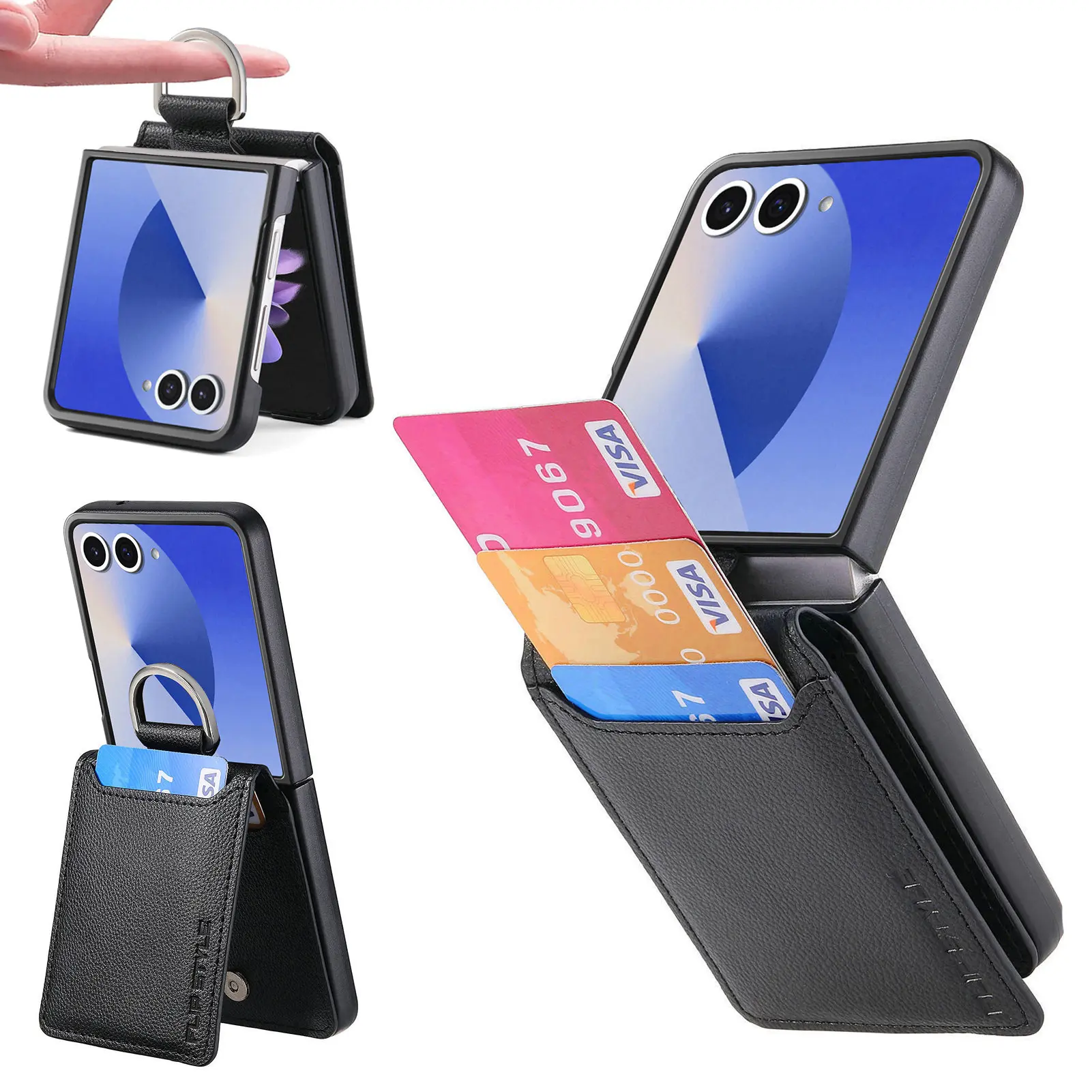 Samsung Galaxy Z Flip 8 Kuori Rengaspidikkeellä + Korttitasku musta